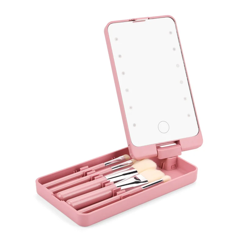 Aufbewahrungsbox mit LED-Spiegel und 5-teiligem Make-up-Pinselset, 16x9x3 cm, Grün