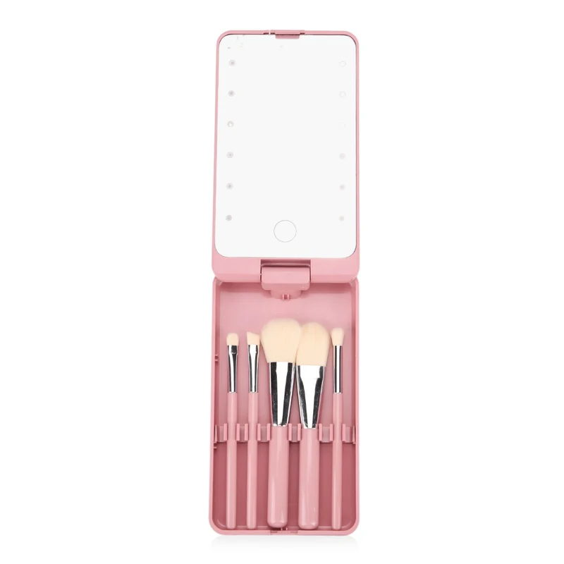Aufbewahrungsbox mit LED-Spiegel und 5-teiligem Make-up-Pinselset, 16x9x3 cm, Grün