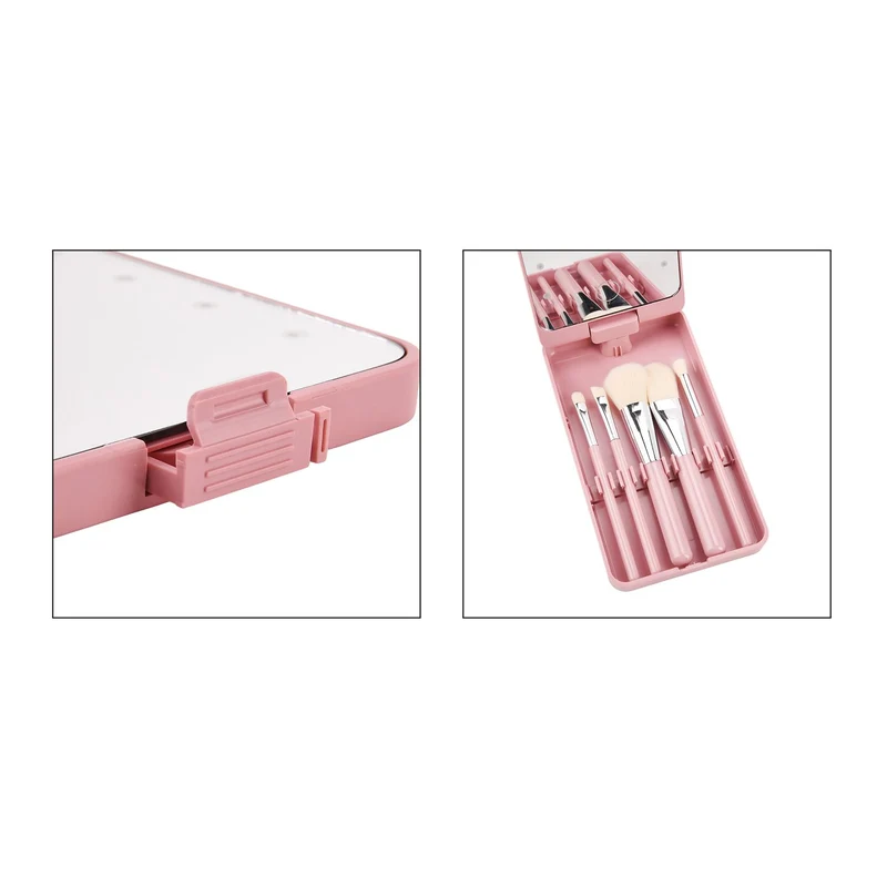 Aufbewahrungsbox mit LED-Spiegel und 5-teiligem Make-up-Pinselset, 16x9x3 cm, Grün