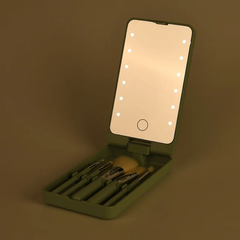 Aufbewahrungsbox mit LED-Spiegel und 5-teiligem Make-up-Pinselset, 16x9x3 cm, Grün