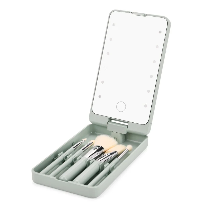 Aufbewahrungsbox mit LED-Spiegel und 5-teiligem Make-up-Pinselset, 16x9x3 cm, Grün