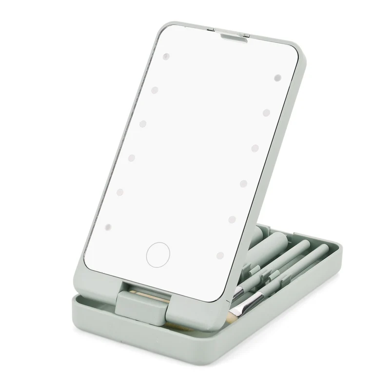 Aufbewahrungsbox mit LED-Spiegel und 5-teiligem Make-up-Pinselset, 16x9x3 cm, Grün