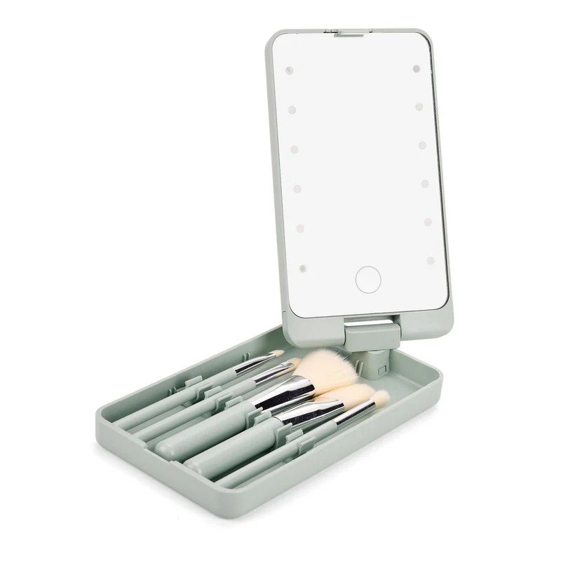 Aufbewahrungsbox mit LED-Spiegel und 5-teiligem Make-up-Pinselset, 16x9x3 cm, Grün