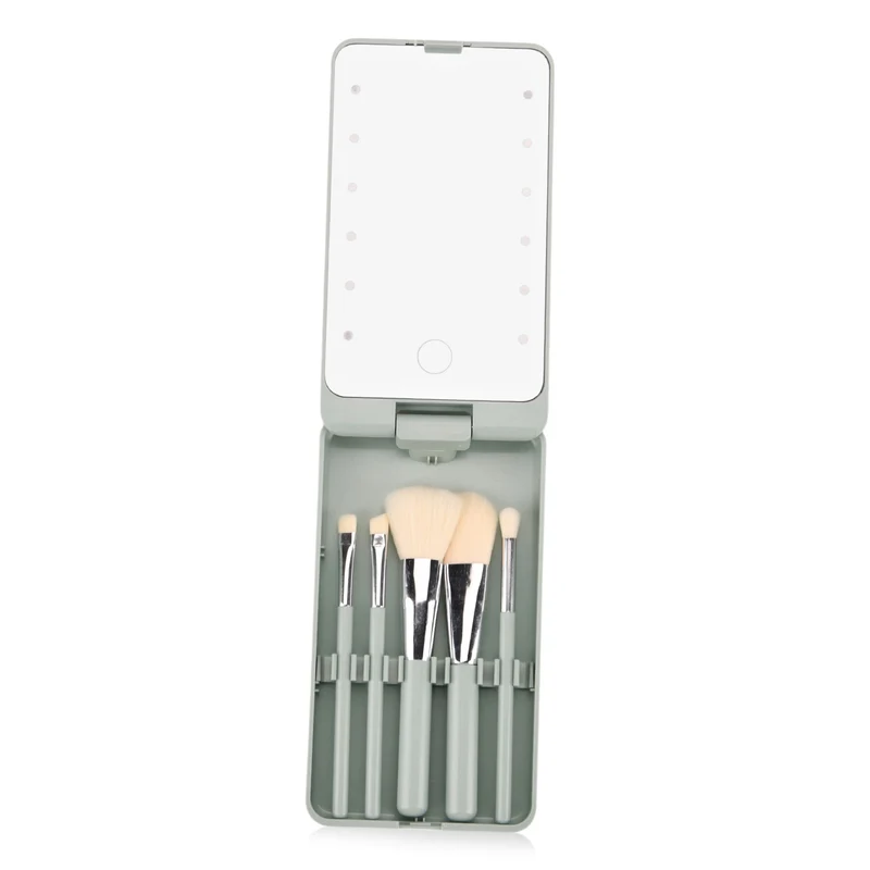Aufbewahrungsbox mit LED-Spiegel und 5-teiligem Make-up-Pinselset, 16x9x3 cm, Grün