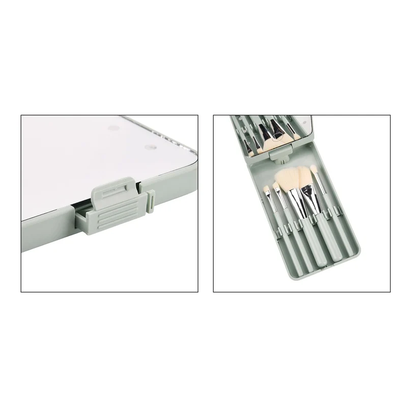 Aufbewahrungsbox mit LED-Spiegel und 5-teiligem Make-up-Pinselset, 16x9x3 cm, Grün