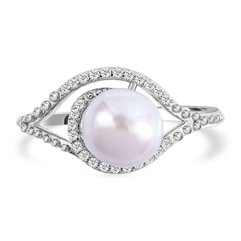 Süßwasserzuchtperle und weißer Zirkonia Ring, 925 Silber platiniert ca. 0.23 ct