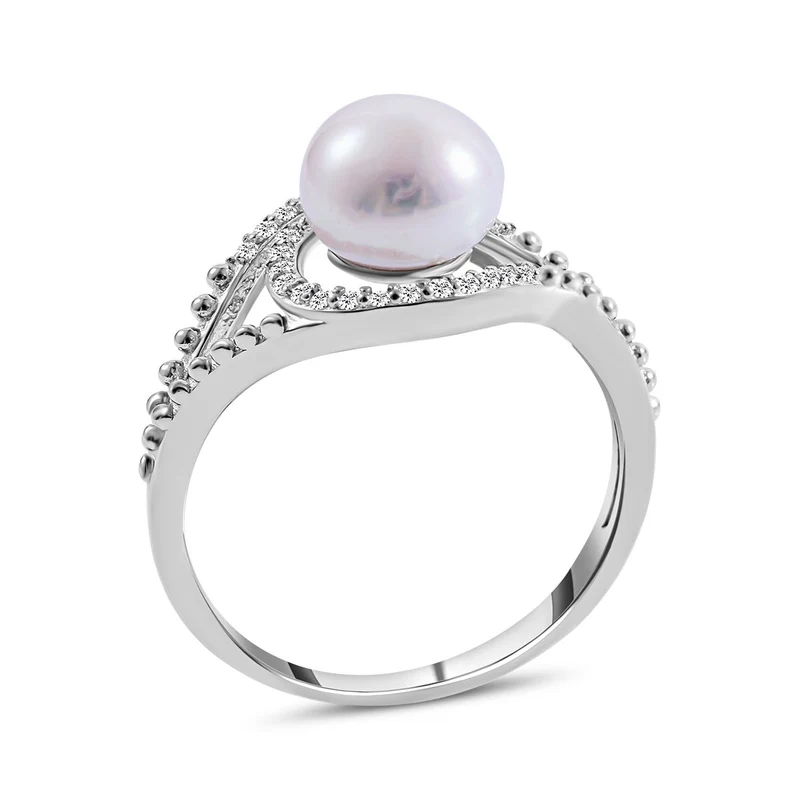 Süßwasserzuchtperle und weißer Zirkonia Ring, 925 Silber platiniert ca. 0.23 ct