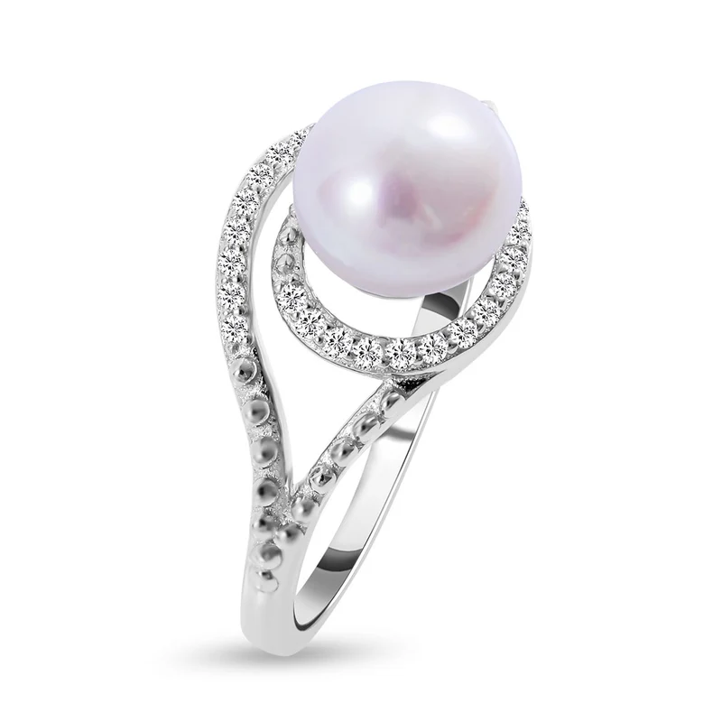 Süßwasserzuchtperle und weißer Zirkonia Ring, 925 Silber platiniert ca. 0.23 ct