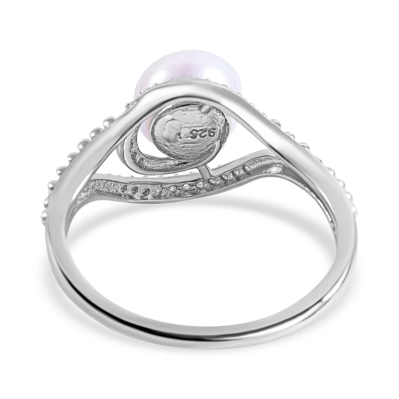 Süßwasserzuchtperle und weißer Zirkonia Ring, 925 Silber platiniert ca. 0.23 ct