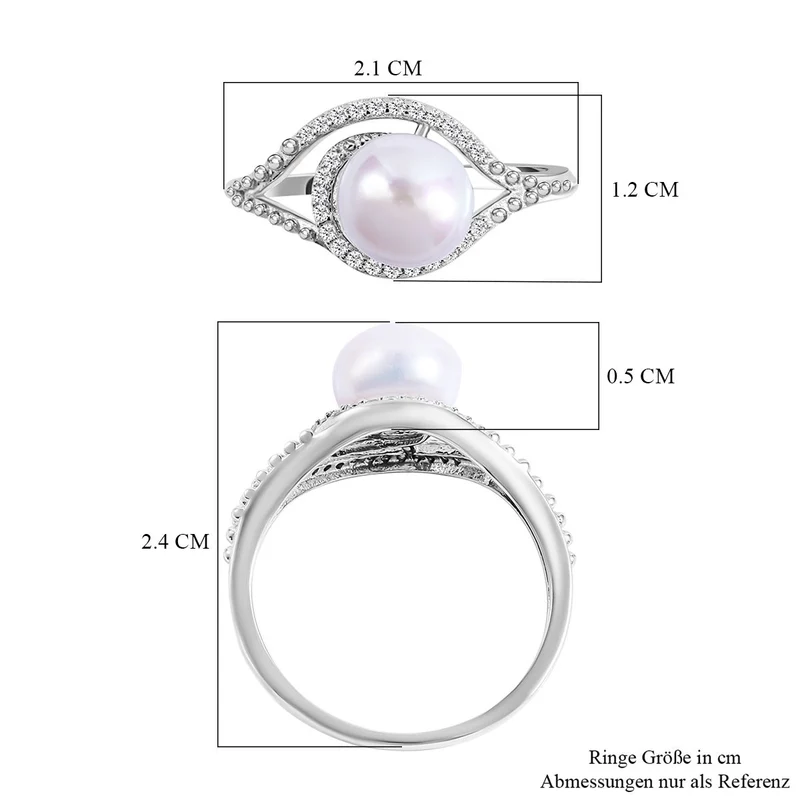 Süßwasserzuchtperle und weißer Zirkonia Ring, 925 Silber platiniert ca. 0.23 ct