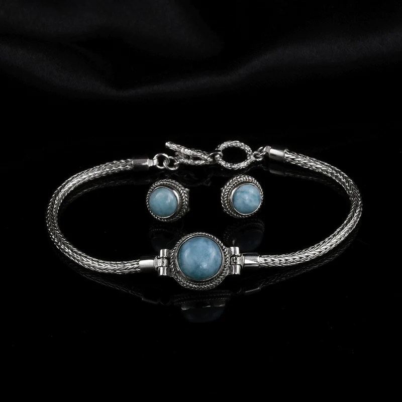 2er Set Royal Bali - Larimar Armband und Ohrringe, 925 Silber, ca. 7.00 ct