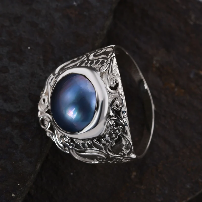 Blauer Mabenperlen Ring, 925 Silber
