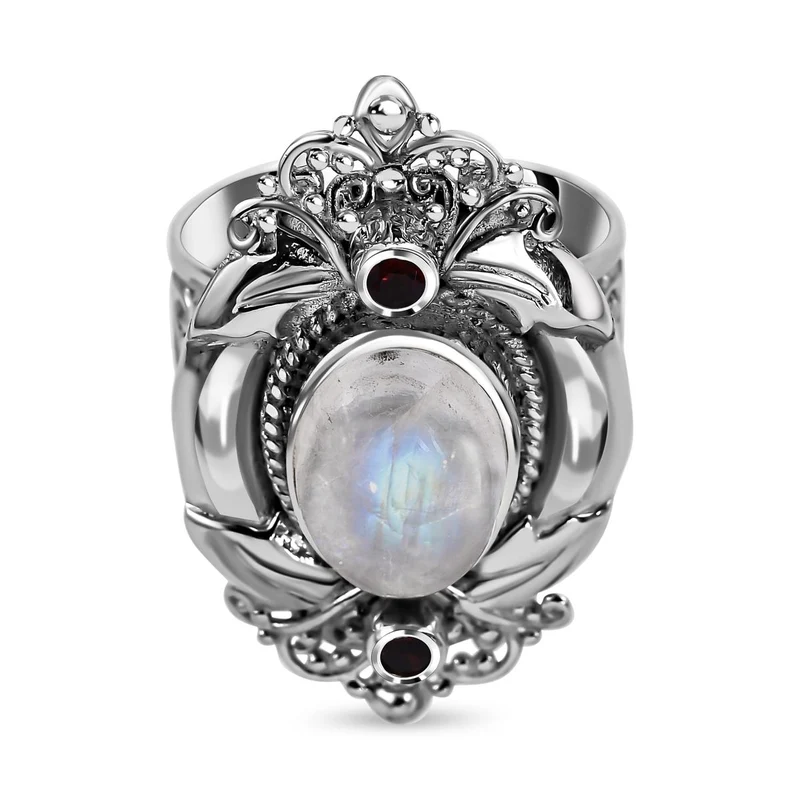 Royal Bali Kollektion - Regenbogen-Mondstein, roter Granat Ring, 925 Silber ca. 7.12 ct