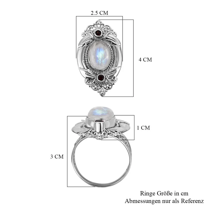 Royal Bali Kollektion - Regenbogen-Mondstein, roter Granat Ring, 925 Silber ca. 7.12 ct