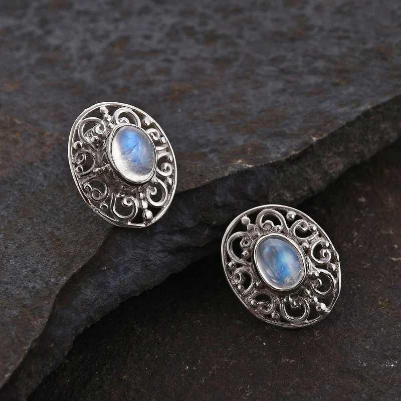 Royal Bali Kollektion - Regenbogen Mondstein Ohrringe 925 Silber ca. 2.53 ct