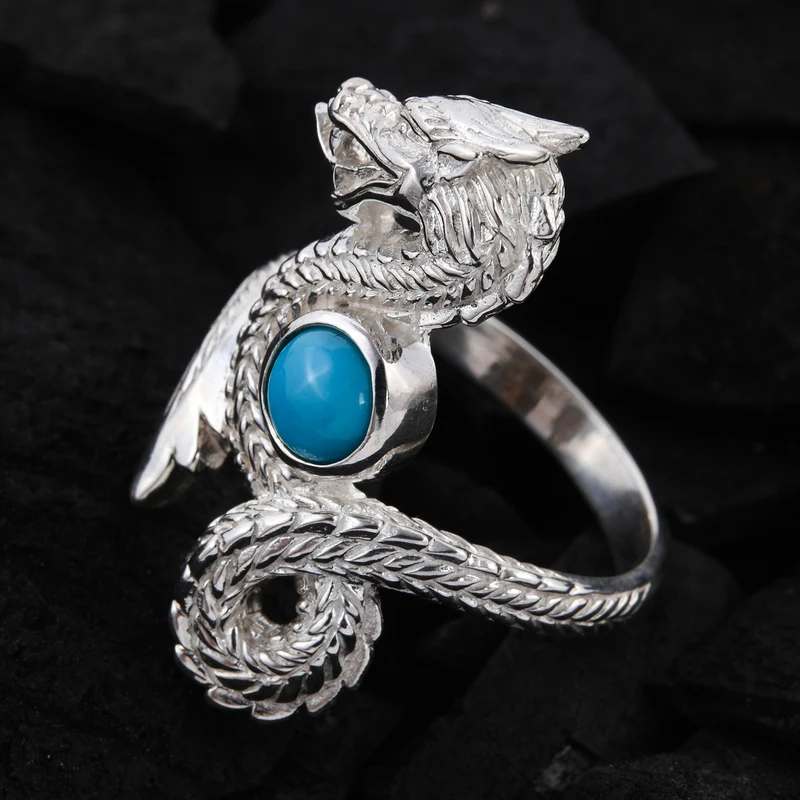Royal Bali Kollektion - natürlicher Sleeping Beauty Türkis Drachen-Ring, 925 Silber ca. 0,40 ct