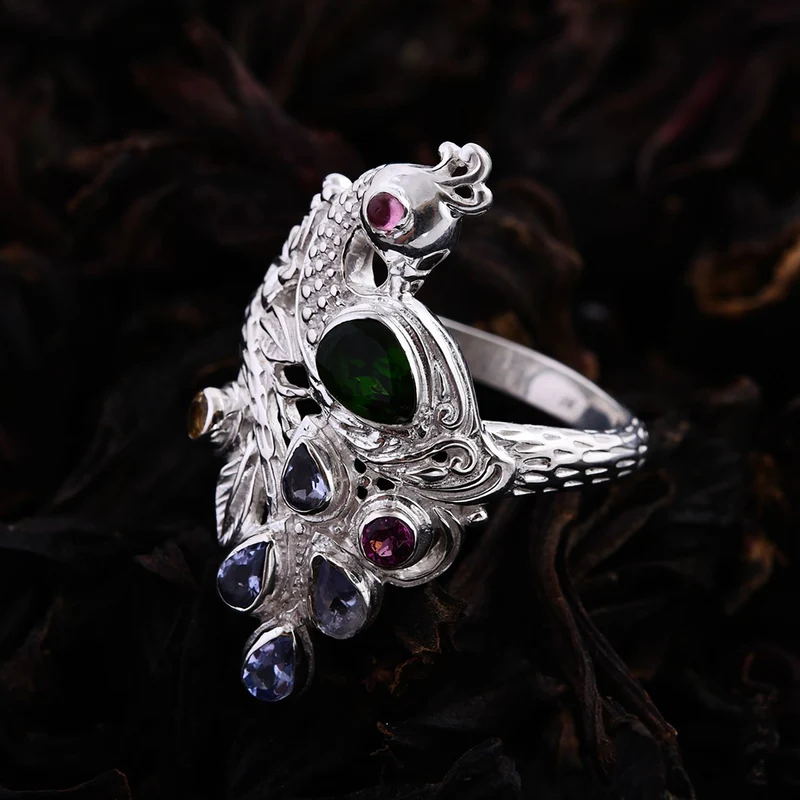 Royal Bali Natürlicher Chromdiopsid, Tansanit Ring, 925 Silber ca. 1.88 ct