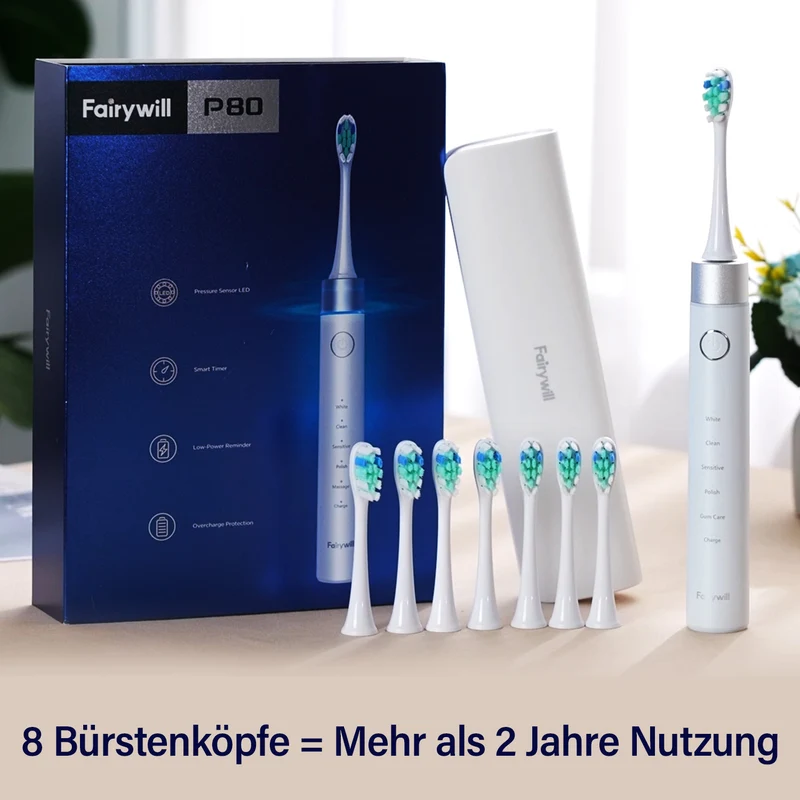 Fairwill Elektronische Schallzahnbürste mit 8 Bürstenköpfen, Maglev Motor, LED-Drucksensor, Wasserdicht IPX7, USB-Kabel, 5 Modi