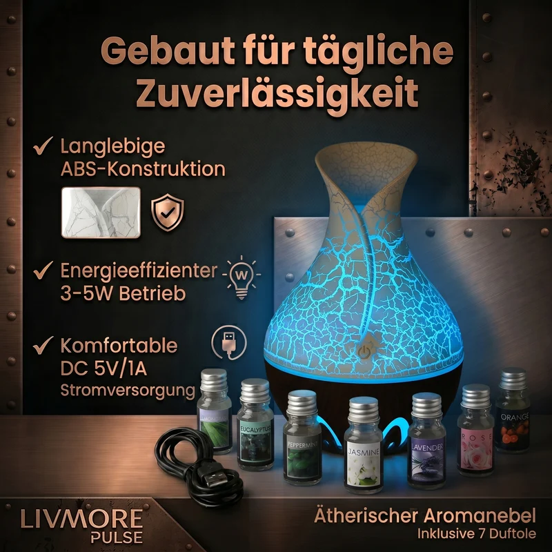 LIVMORE Luftbefeuchter und Aromadiffusor mit 7 ätherischen Ölen, LED Farbwechsel, 200 ml, Braun