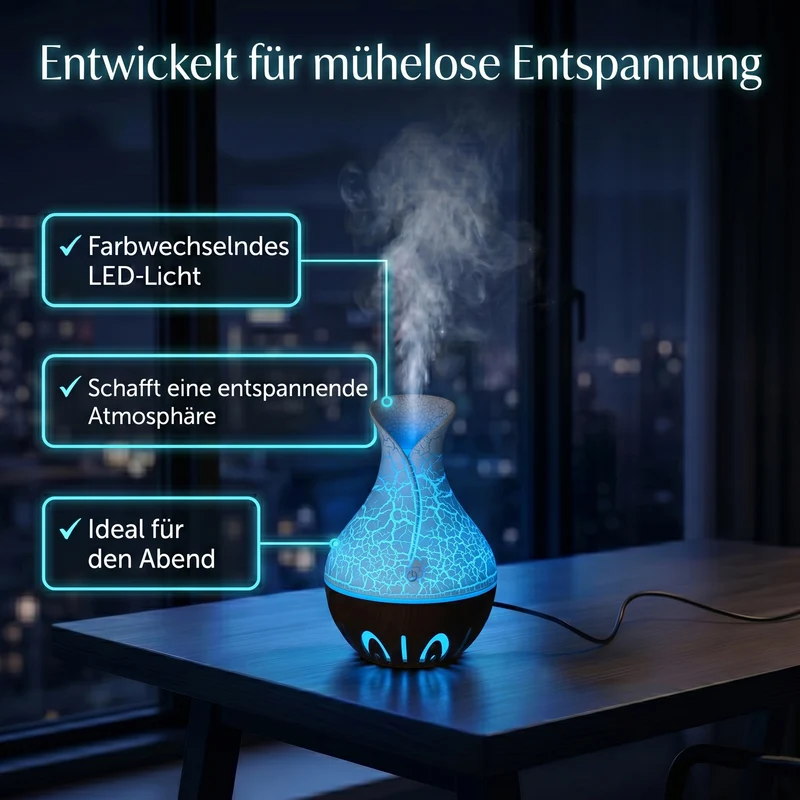 LIVMORE Luftbefeuchter und Aromadiffusor mit 7 ätherischen Ölen, LED Farbwechsel, 200 ml, Braun