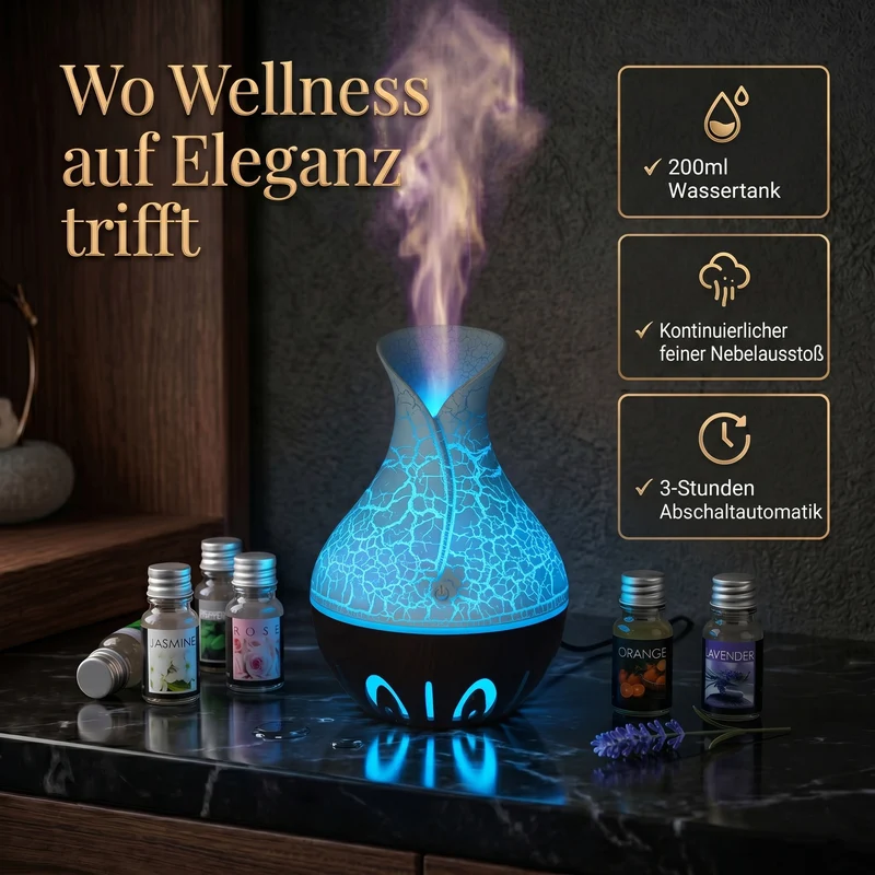 LIVMORE Luftbefeuchter und Aromadiffusor mit 7 ätherischen Ölen, LED Farbwechsel, 200 ml, Braun
