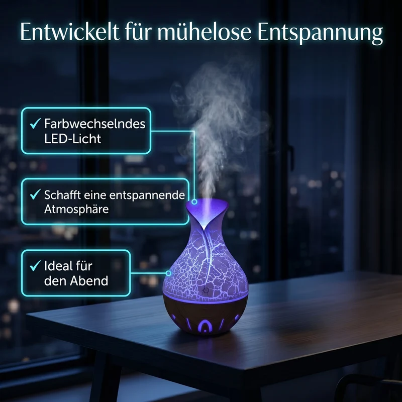 LIVMORE Luftbefeuchter und Aromadiffusor mit 7 ätherischen Ölen, LED Farbwechsel, 200 ml, Braun