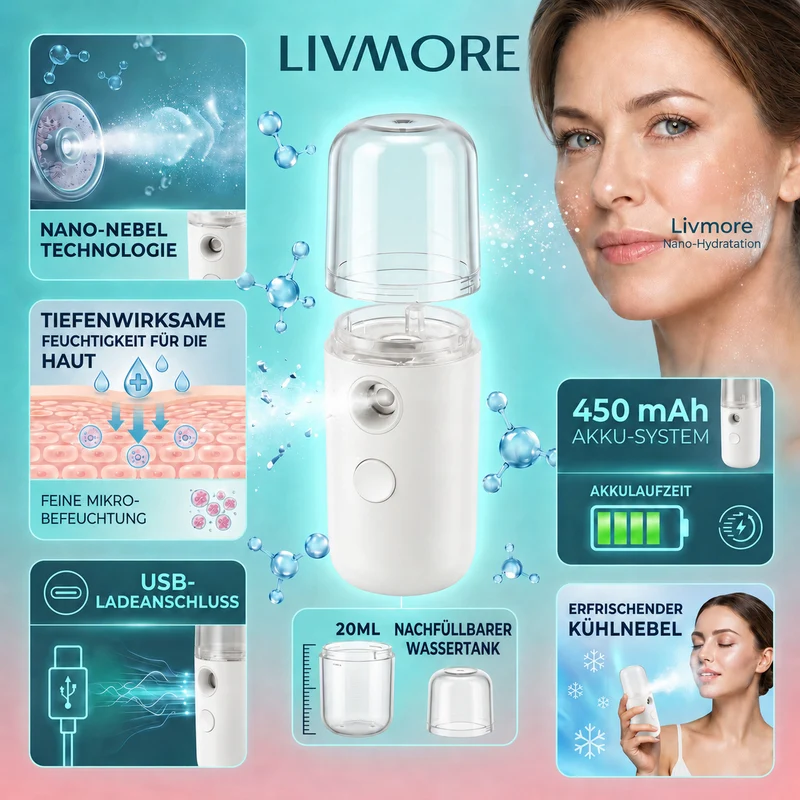 LIVMORE - Mini-Nano-Feuchtigkeitsspray-, wiederaufladbar, 20 ml, Rosa