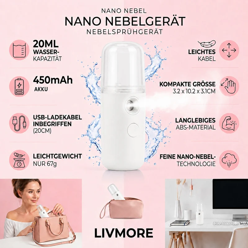 LIVMORE - Mini-Nano-Feuchtigkeitsspray-, wiederaufladbar, 20 ml, Rosa