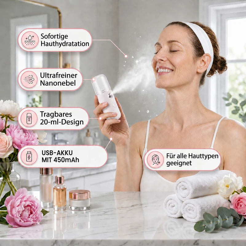 LIVMORE - Mini-Nano-Feuchtigkeitsspray-, wiederaufladbar, 20 ml, Rosa