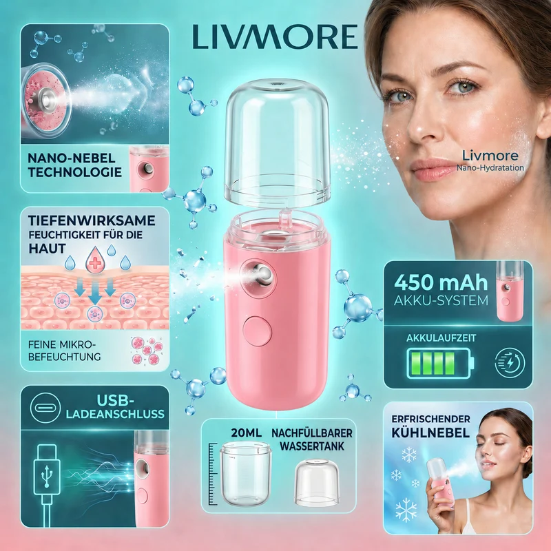 LIVMORE - Mini-Nano-Feuchtigkeitsspray-, wiederaufladbar, 20 ml, Rosa