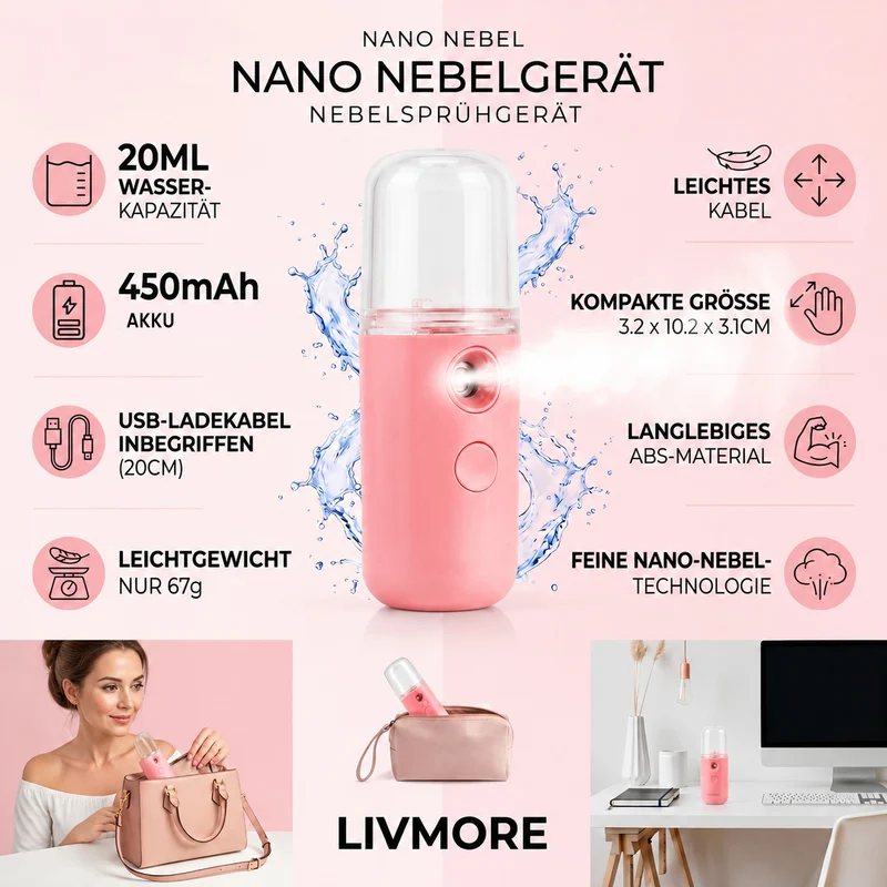 LIVMORE - Mini-Nano-Feuchtigkeitsspray-, wiederaufladbar, 20 ml, Rosa