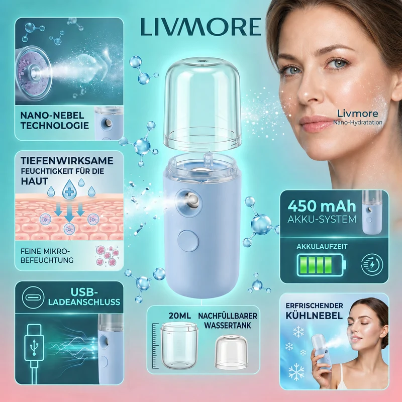 LIVMORE - Mini-Nano-Feuchtigkeitsspray-, wiederaufladbar, 20 ml, Rosa
