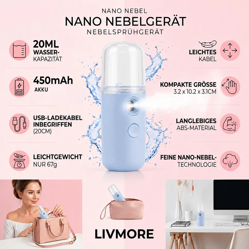 LIVMORE - Mini-Nano-Feuchtigkeitsspray-, wiederaufladbar, 20 ml, Rosa