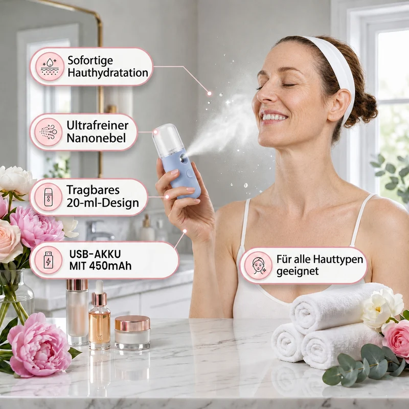 LIVMORE - Mini-Nano-Feuchtigkeitsspray-, wiederaufladbar, 20 ml, Rosa