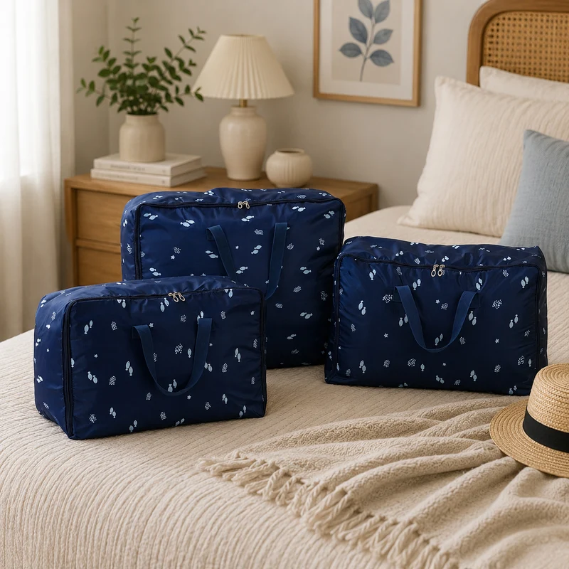 LIVMORE 3er Set Aufbewahrungstaschen mit Blumenmuster, 210D Oxford Gewebe, Blau