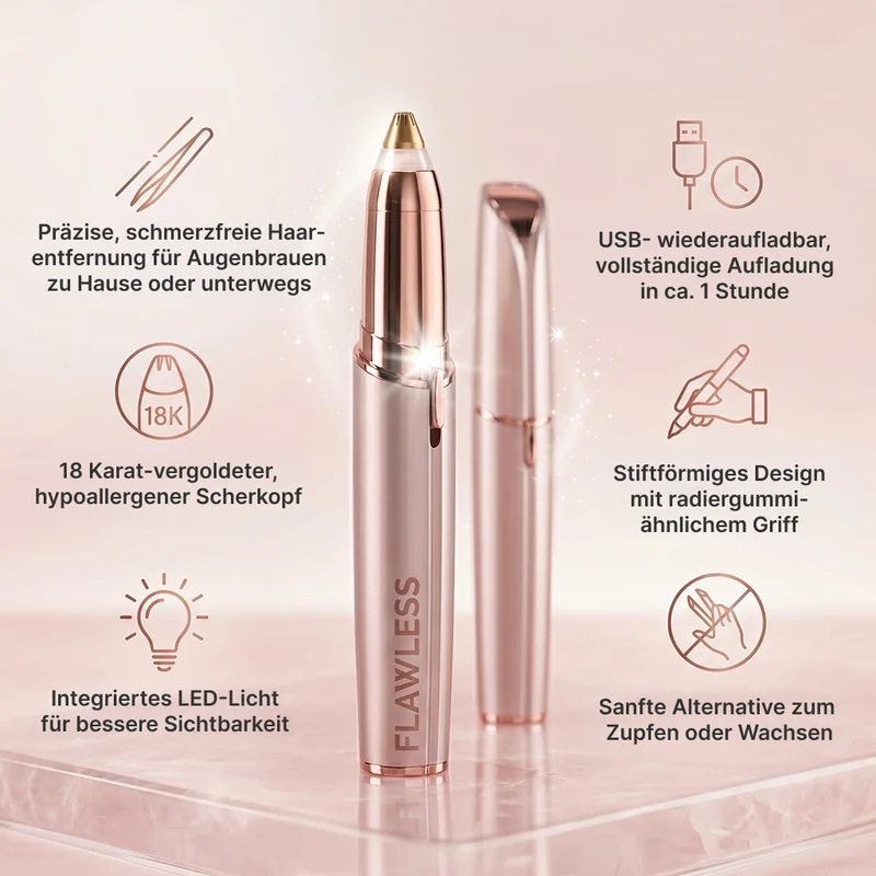 Finishing Touch Flawless Augenbrauen-Trimmer, 18 Karat vergoldet, mit integriertem Licht, Roségold