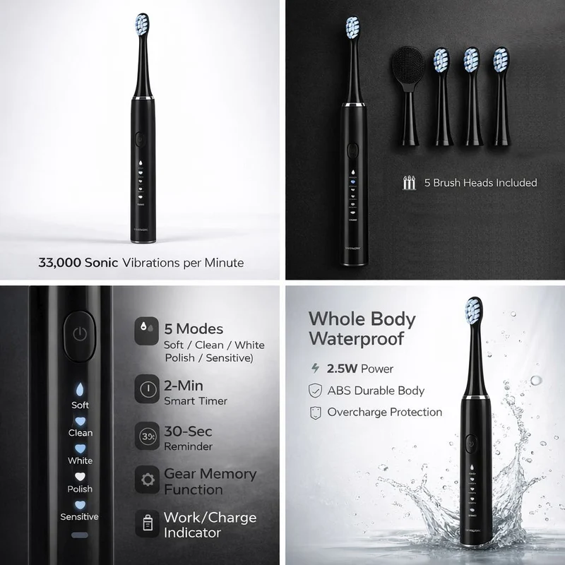 USB charging frequency sonic electric toothbrush - black Size: 24.5*2.5cm Weight: 116g Material: ABS 3.7V 14500 lithium battery 500MA 2.5W Maximu