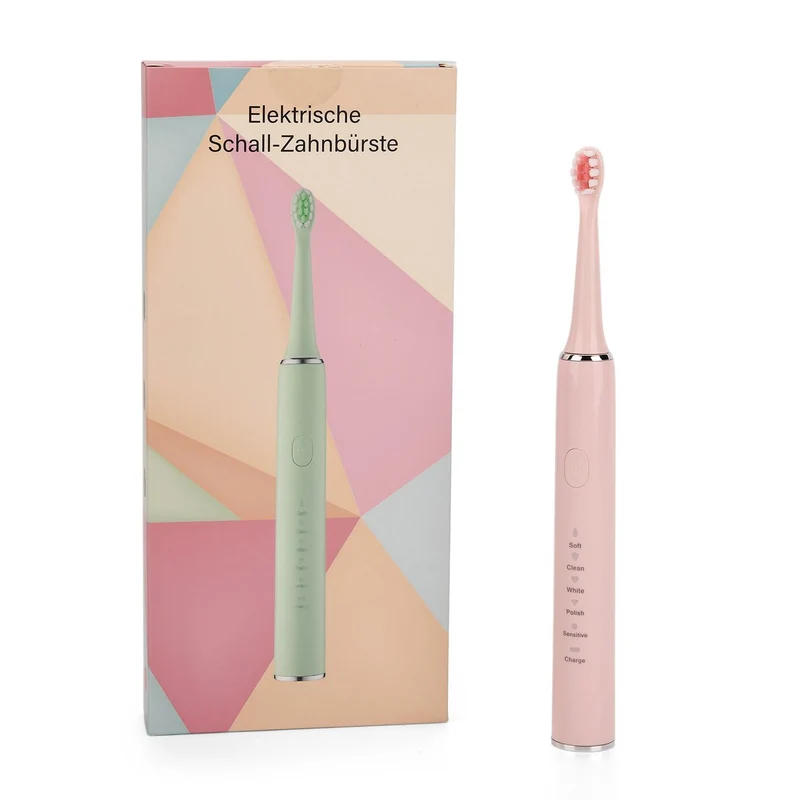 Elektrische Schallzahnbürste mit 4 Aufsteckbürsten und 1 Zungenbürste, 24,5x2,5 cm, Pink