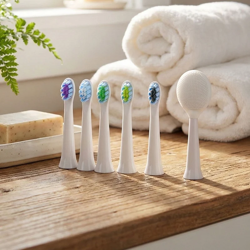 Set of 6pcs replacement head - white 5PCS Nylon Brush+1PC Silicone Brush Size: Nylon Brush:8*2cm; Silicone Brush:9.5*2cm Weight: 40g Material: ABS