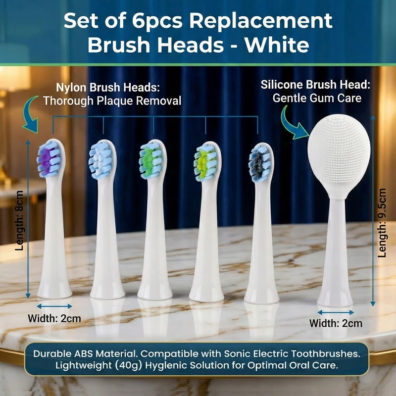 Set of 6pcs replacement head - white 5PCS Nylon Brush+1PC Silicone Brush Size: Nylon Brush:8*2cm; Silicone Brush:9.5*2cm Weight: 40g Material: ABS