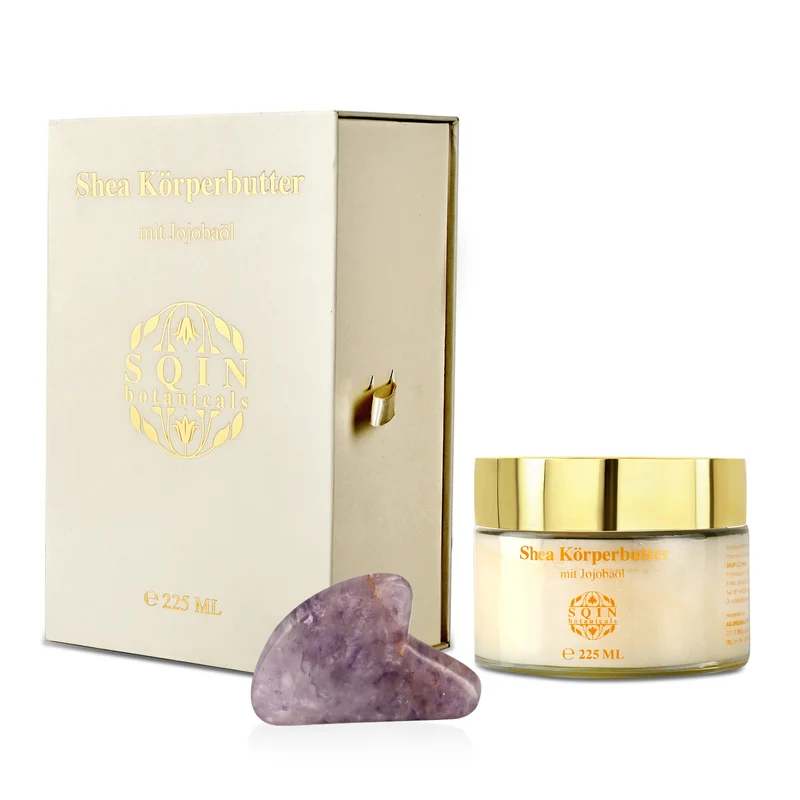 SQIN Botanicals - Shea Körperbutter mit Jojobaöl inkl. Amethyst Gua Sha, 225 ml
