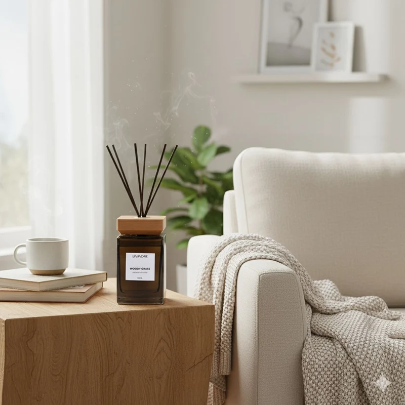 LIVMORE Home Fragrance Kollektion - Raumduft Diffuser, 500ml, Teeglas braun mit Holzdeckel und 8 Stäbchen, Duft Holz Vanille, 8.3x8,3x14,5cm