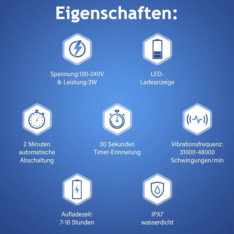 BEAUTECH Elektronische Schallzahnbürste mit 2 Bürstenköpfen, Wasserdicht IPX7, USB-Kabel, 5 Modi