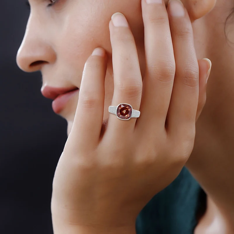 LUSTRO STELLA - Champagner Zirkonia, Weißer Zirkonia Ring, 925 Silber rhodiniert ca. 9.03 ct