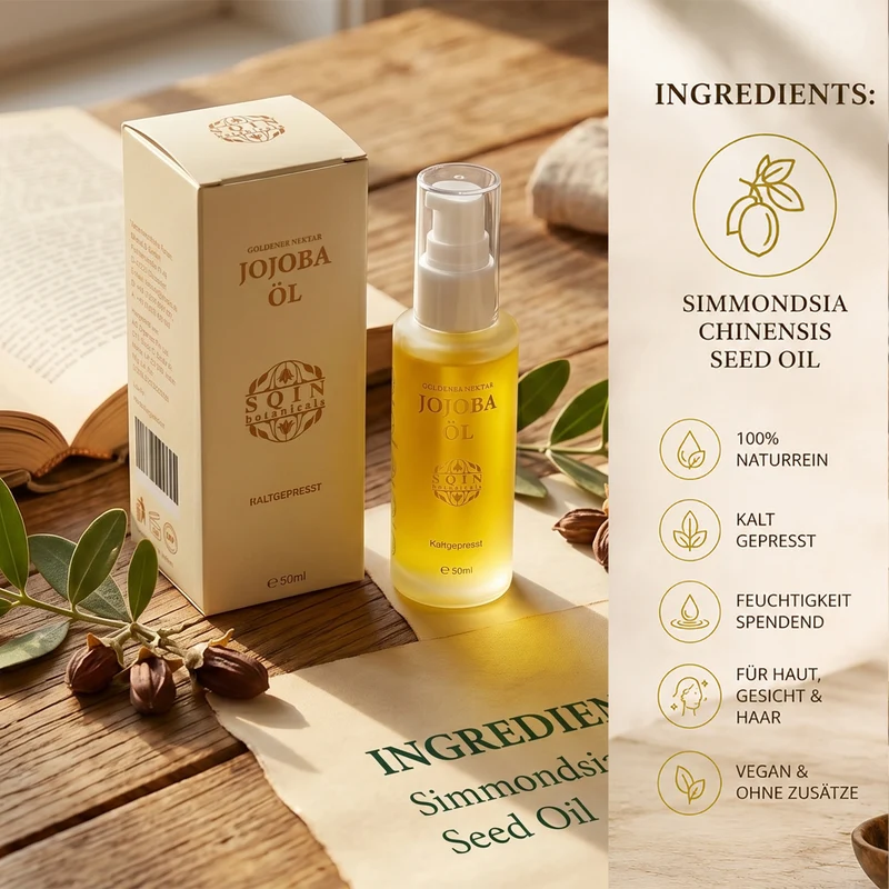 SQIN Botanicals Kaltgepresstes goldenes Nektar Jojobaöl, reines Pflegeöl, 200ml