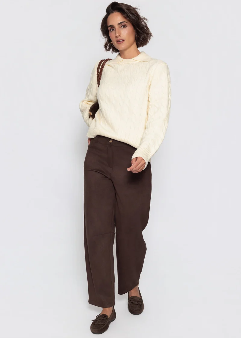 Strickpullover mit Zopfmuster und Kragen - offwhite