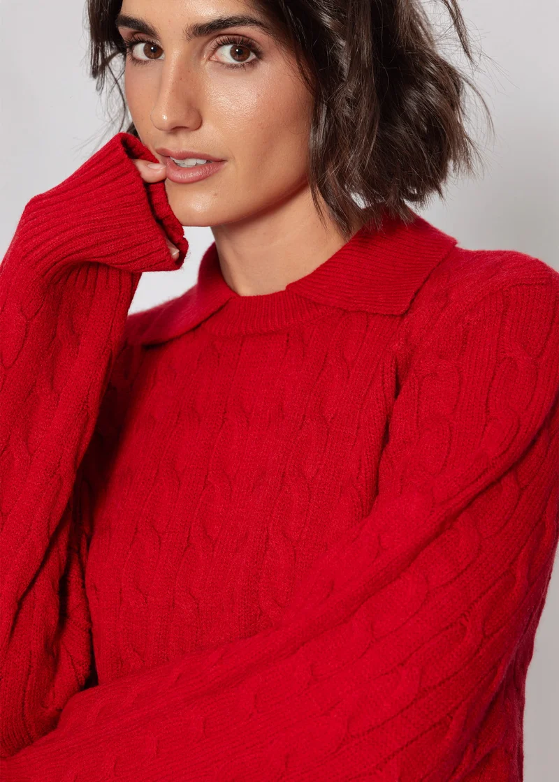 Strickpullover mit Zopfmuster und Kragen - rot