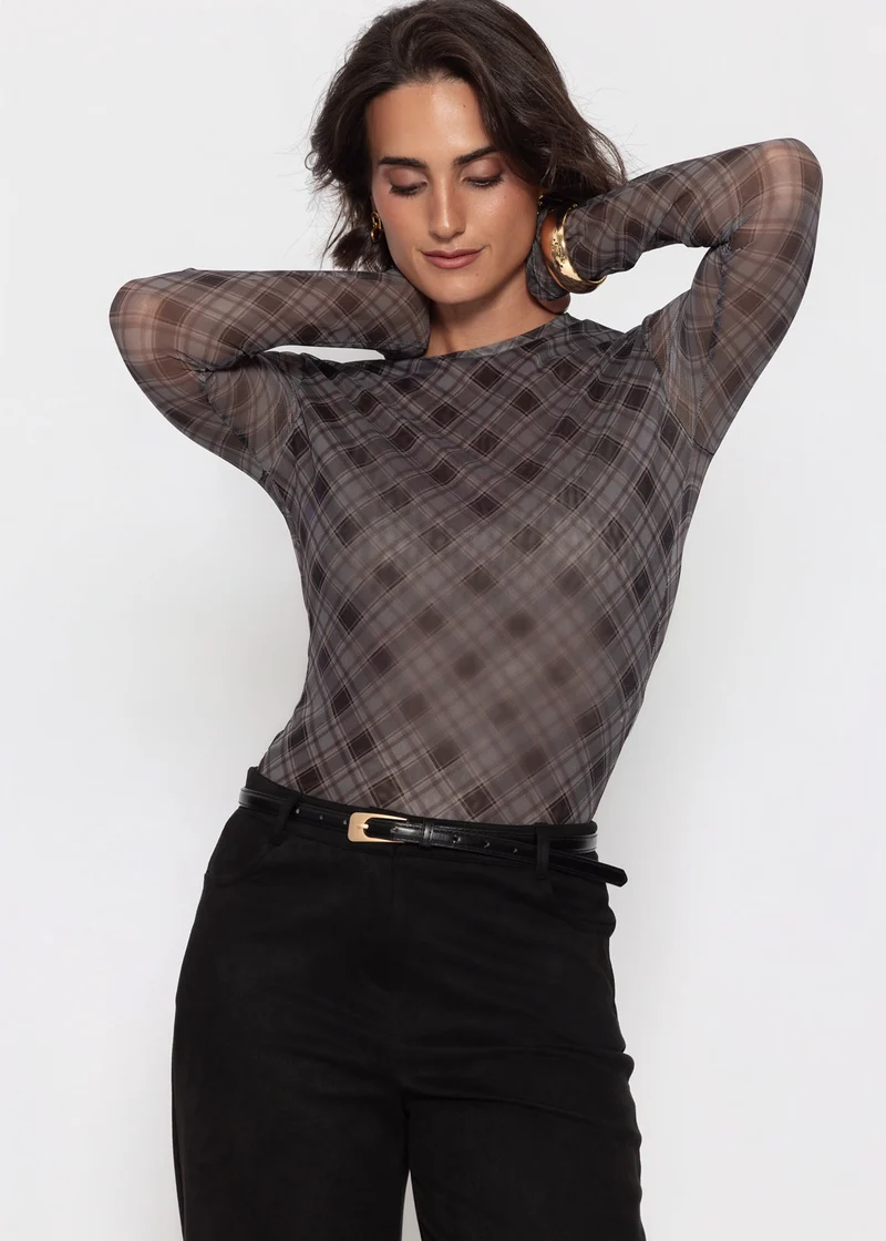 Mesh Langarmshirt mit kariertem Muster - schwarz