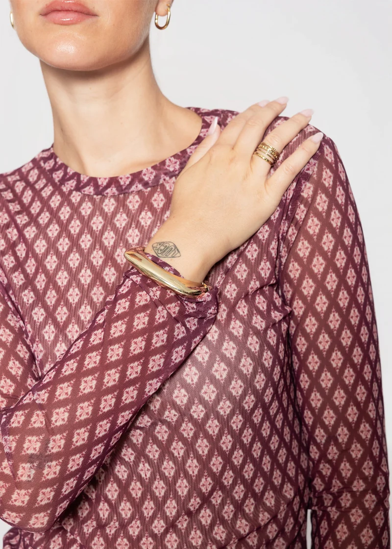 Mesh Langarmshirt mit geometrischem Muster - burgundy