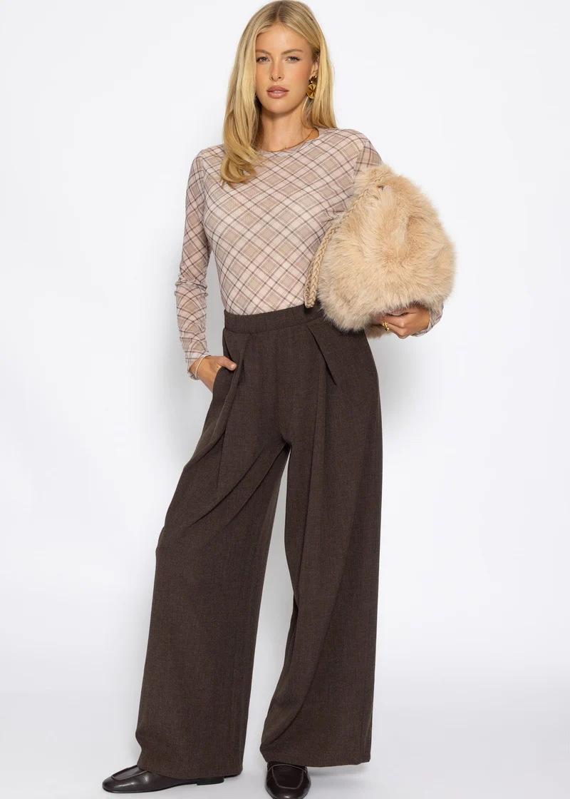 Mesh Langarmshirt mit kariertem Muster - beige